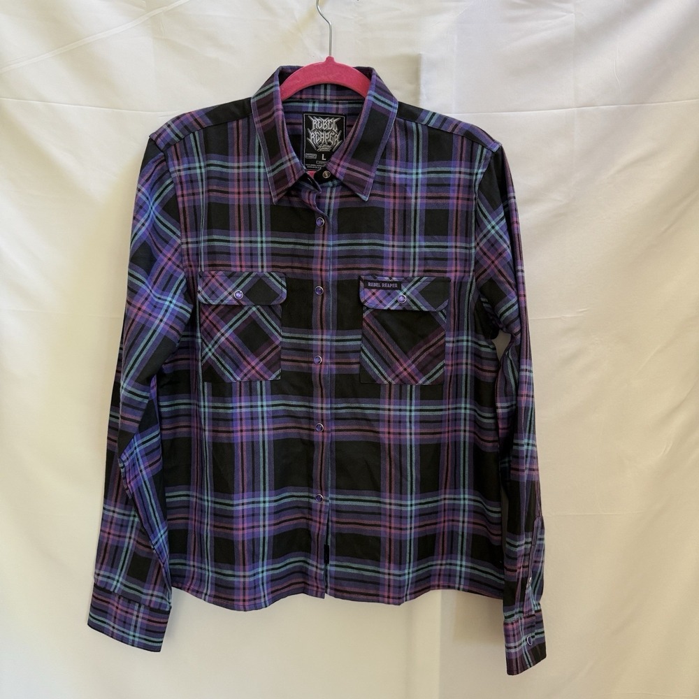 Rebel Reaper Womens's Premium Flannel Shirt Purple Teal Black Plaid Large